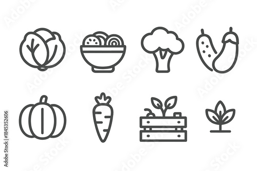 Eight simple line icons for fresh vegetables and gardening elements