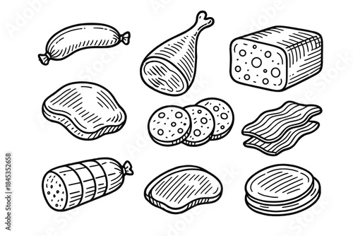 Variety of cured and processed meats including bacon and sausage in sketch style