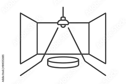 Minimalist line art studio setup featuring spotlight illuminating a circular podium