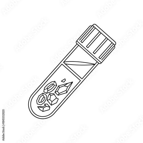 Outline vector illustration of a test tube filled with gemstones and liquid