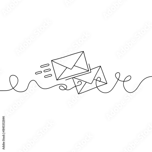 Minimalist vector illustration of two envelopes in motion with abstract lines, symbolizing sending or receiving mail, email, or messages.