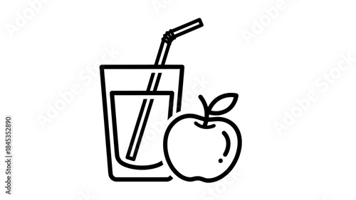 Glass of apple juice with a straw and a whole apple, representing healthy eating and fresh beverages, simple black and white icon