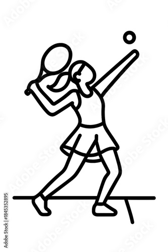 Female tennis player serving ball with racket line art icon