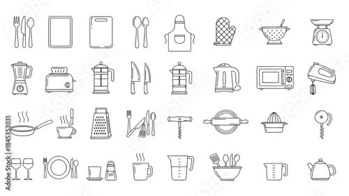 Outline vector illustration of a variety of kitchen utensils and appliances