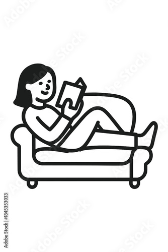 Woman relaxing on sofa reading book simple line icon