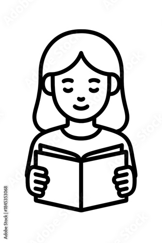 Young person with long hair reading an open book icon