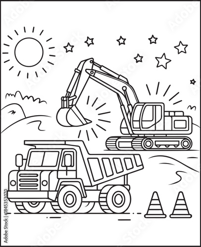 Construction vehicle dump truck and excavator coloring page for kids, black line art vector illustration for children book design 