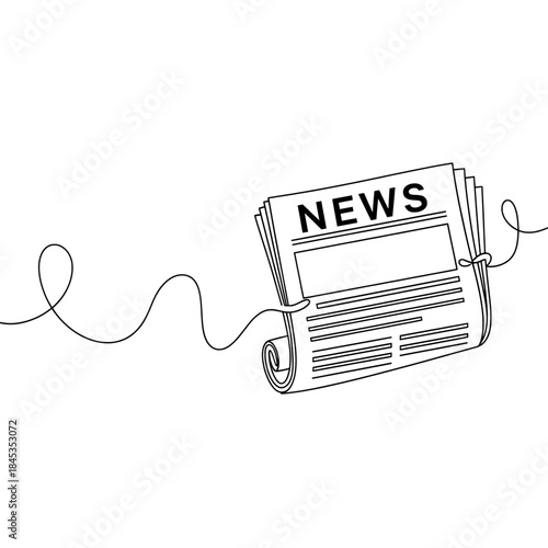 Rolled newspaper with 'NEWS' headline, tied with a continuous line, representing current events and information, black and white illustration