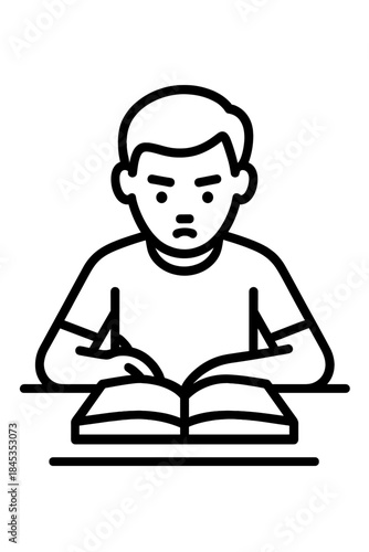 Concentrated student reading open book at desk outline icon