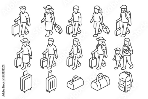 Isometric outline icons of diverse people walking with luggage and travel bags