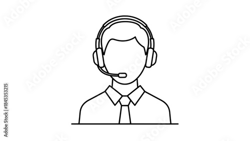 Customer service representative with headset and microphone, concept of support, communication, and call center, line art vector