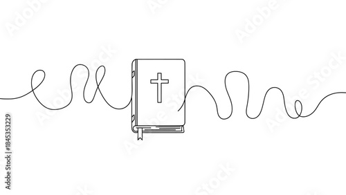Outline vector illustration of a Bible with a cross symbol and bookmark