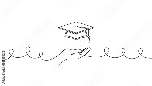Hand gently holding a graduation cap, symbolizing education, achievement, and support, with flowing decorative lines, black and white