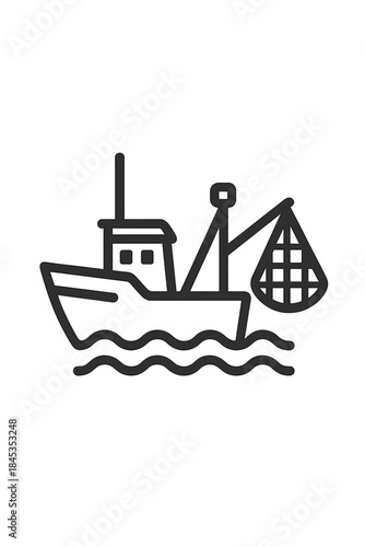 Outline icon of commercial fishing trawler boat hauling net on water