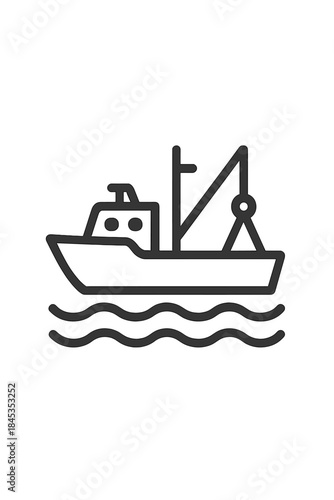 Minimalist outline icon of a commercial fishing trawler boat on water waves