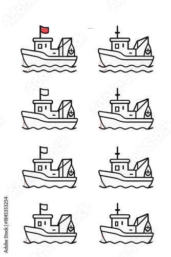 Fishing boat icons with various flag and mast designs