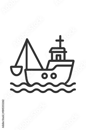Minimalist outline icon of a commercial fishing trawler boat on water