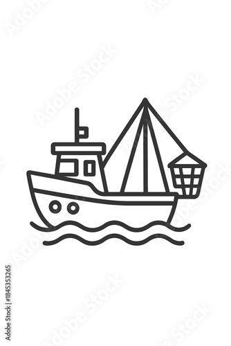Outline icon of commercial fishing trawler boat on water waves
