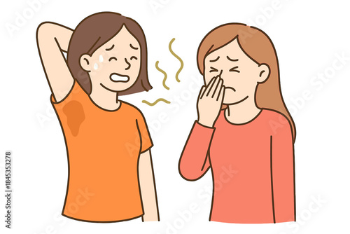 Woman sweating heavily with visible underarm stain next to another woman covering nose