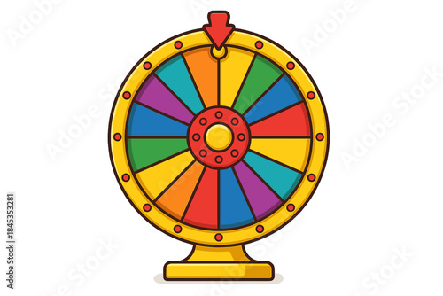 Colorful spinning prize wheel with pointer on a stand