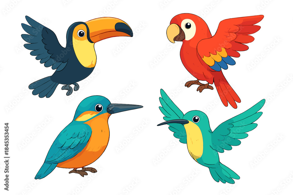 Fototapeta premium Four colorful tropical birds: toucan, parrot, kingfisher, and hummingbird collection