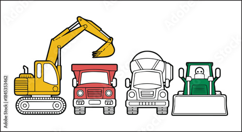Construction vehicle set coloring page for kids, black line art vector illustration for children book design