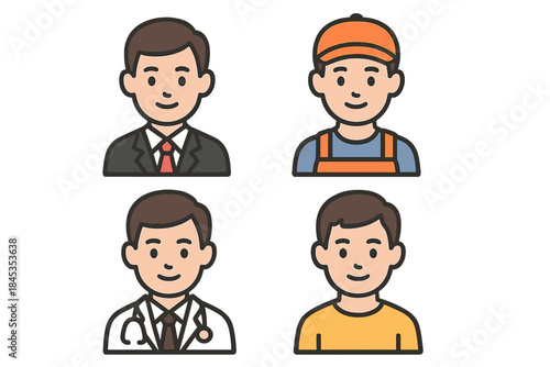 Four stylized male avatars representing different professions and casual look