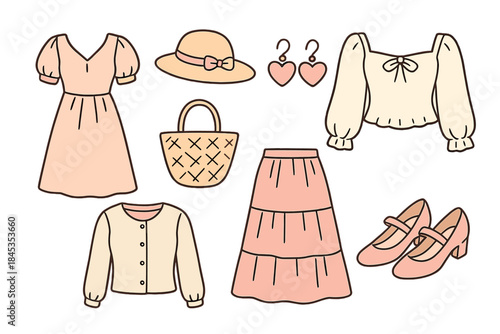 Pastel feminine clothing and accessories icons set