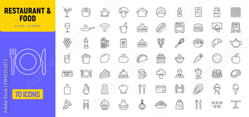 Restaurant food line icon set. Restaurant menu pizza beverage burger grill icons.