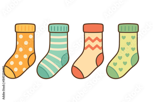 Four colorful patterned ankle socks with simple geometric and heart designs