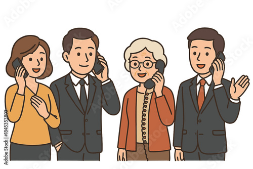 Diverse group of people communicating using mobile and landline telephones