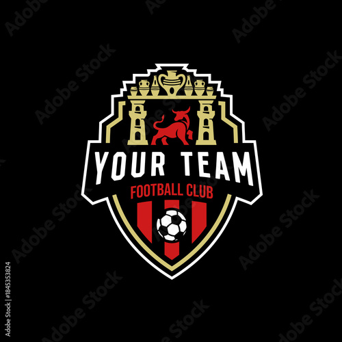 A modern soccer logo with a traditional clay gate and buffalo, celebrating craftsmanship and teamwork.