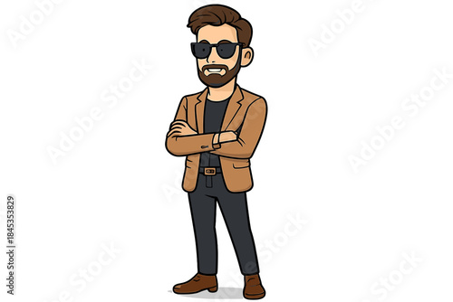 Stylish bearded man wearing sunglasses and brown blazer standing with arms crossed