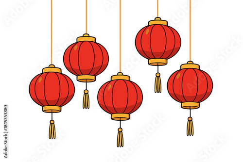 Group of hanging red Chinese lanterns with yellow tassels