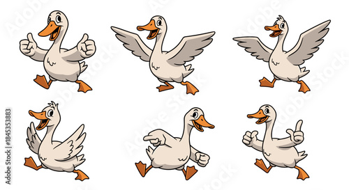 Set of six cartoon geese in various running poses with happy expressions.