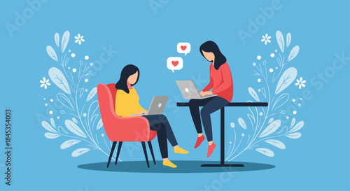 Two young women are working on laptops in a modern cafe setting, seemingly enjoying a virtual connection or online collaboration, with heart icons floating between them.