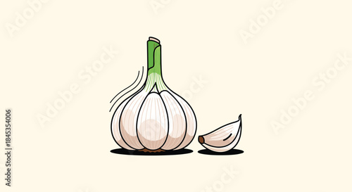 Illustration of a whole garlic bulb and a single clove, showcasing the vegetable's form and texture in a simple, stylized design.