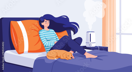 A young woman relaxes in bed with her golden retriever, a humidifier gently misting in the background, creating a peaceful and cozy atmosphere.