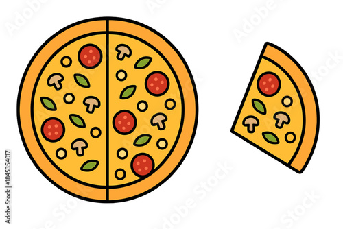 Pepperoni and mushroom pizza with one slice separated