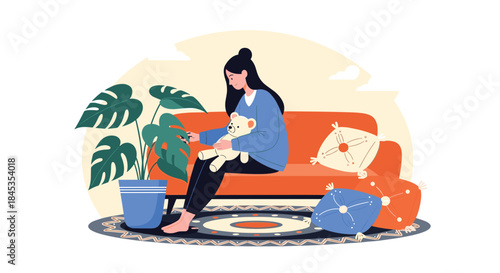 A young woman sits on a comfortable orange sofa, lovingly tending to a small teddy bear in a cozy, plant-filled living room setting.