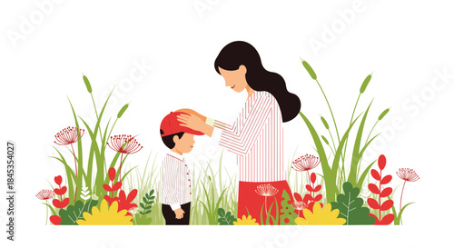 A loving mother gently adjusts her young son's baseball cap while standing amidst a vibrant field of wildflowers and lush greenery, showcasing a tender moment of care and connection.