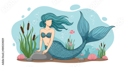 A serene illustration of a beautiful mermaid with flowing turquoise hair sitting on a rock amidst underwater plants and shells, creating a whimsical scene.