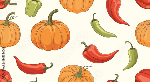 Seamless pattern featuring vibrant pumpkins and chili peppers in a hand-drawn style, perfect for autumn-themed designs and backgrounds.