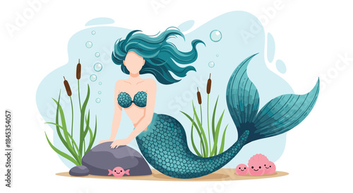 Beautiful mermaid with flowing turquoise hair sits on a rock surrounded by aquatic plants and cute pink sea creatures in a whimsical underwater scene.