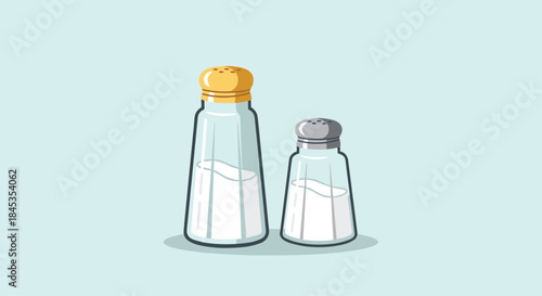 A simple illustration of a salt and pepper shaker set against a light blue background, commonly found on dining tables and in kitchens.