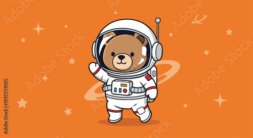 A charming cartoon illustration depicts a cute brown bear astronaut cheerfully waving while floating in a vibrant orange space filled with sparkling stars and a planetary ring.
