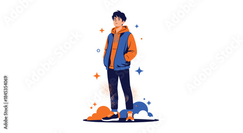 A young man in casual streetwear stands confidently with a slight smile, surrounded by sparkling star and cloud graphics, conveying a sense of optimism and modern style.