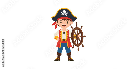 Cheerful cartoon illustration of a young boy dressed as a pirate, holding a ship's wheel and wearing a tricorn hat with a skull and crossbones design.