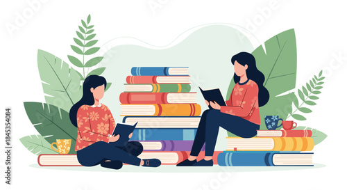 Two young women are engrossed in reading books amidst a colorful stack of literature and lush greenery, creating a peaceful study atmosphere.