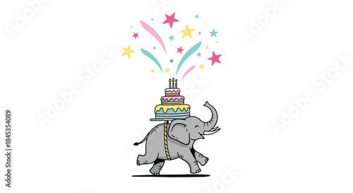 A charming illustration depicts a gray elephant joyfully walking while balancing a colorful tiered birthday cake on its back, with celebratory fireworks above it.